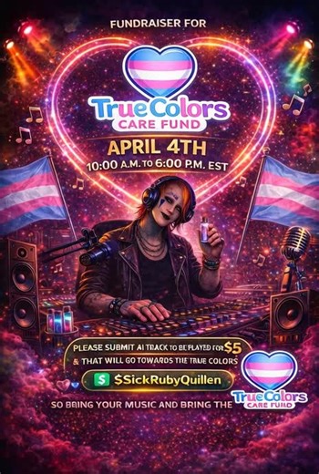 This fundraiser is all about coming together through music to support the trans community 💖 On April 4th, we’re raising money for the True Colors Care Fund to help those who need assistance affording HRT and essential care. You can be part of something meaningful by submitting your AI track for just $5—every submission goes directly toward helping someone in need. This is more than music… it’s kindness, love, and community in action. If you can’t donate, sharing still makes a difference 💕 #Tra