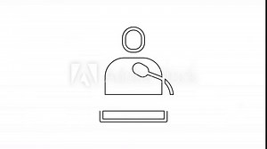 Black line Gives lecture icon isolated on white background. Stand near podium. Speak into microphone. The speaker lectures and gestures. 4K Video motion graphic animation