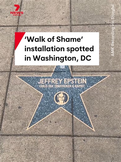 A Jeffrey Epstein-themed “Walk of Shame” installation has been set up in Farragut Square in Washington, DC. Video taken by AMK Recording shows stars modeled after the Hollywood Walk of Fame, naming public figures mentioned in publicly available Epstein-related documents. Each star includes a QR code linking to articles or public records discussing the individual’s reported ties to Epstein. #WalkofShame #WalkofFame #WashingtonDC #worldnewstonight