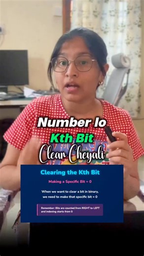 Srinidhi Reddy on Instagram: "Clear Kth Bit in Number #dsa #coding #systemdesign #softwaredeveloper #computerscience FAANG Interview Problem Solving"