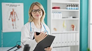 Young blonde woman doctor smiling confident holding medical report at clinic
