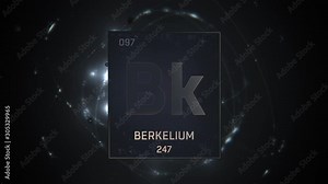 Berkelium as Element 97 of the Periodic Table. Seamlessly looping 3D animation on silver illuminated atom design background with orbiting electrons. Design shows name, atomic weight and element number