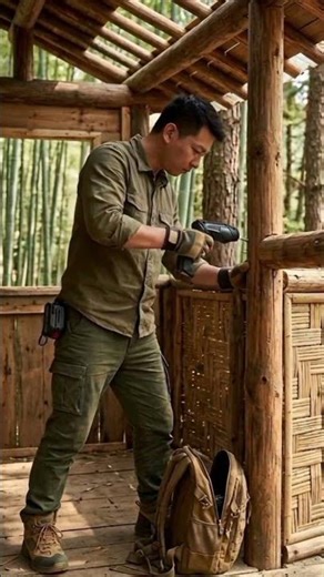 Forest Cabin Build: DIY Survival Shingle Roof & Mini Chainsaw! 🏕️🌲