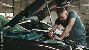 Auto service, repair, maintenance concept. Troubleshooting a car engine. Auto mechanic testing electrical system on automobile. Automotive electrician checks electro relay in the car.