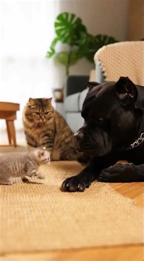 Tiny kitten scared of big bully dog until brave mama steps in 🐱🐶