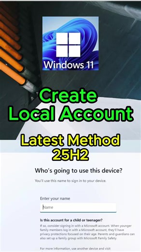 Create Local Account for Windows 11 25H2 - Latest method Use this method to bypass Microsoft account requirement during Windows setup, especially if the localonly and bypassnro commands don't work #windows11 #techtips ##windowstips #TechTok #learnontiktok