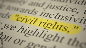 Fictional newspaper article about inclusive civil rights and lgbtq+ equality, highlighting the words "civil rights", close-up view with camera scroll (3d render)