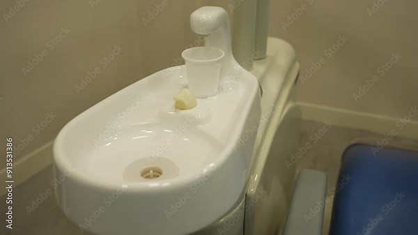 Dental spittoon sink with plastic cup, ready for rinsing patient mouth