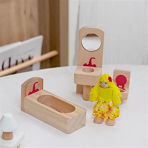 Wooden toy dollhouse furniture set for boys and girls, educational pretend play set