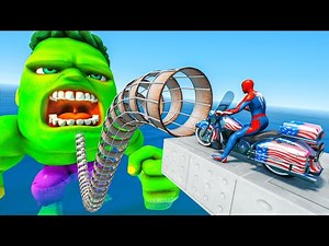 Spiderman Found Biggest Monster Green Hulk Challenge w/ Motorbikes Racing Wipeout Obstacle #407