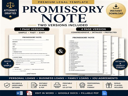 Promissory Note Template Editable Loan Agreement Printable IOU Form Fillable PDF Secured & Unsecured Repayment Contract - Etsy
