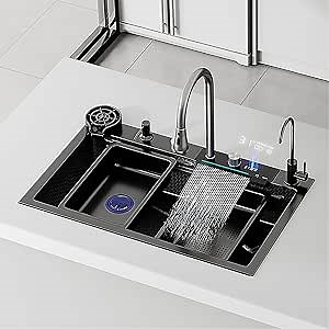 Premium 31.5 * 17.7 in Waterfall Sink - Drop In Workstation, 304 Stainless Steel Smart Sink Black Kitchen Sink, Nano Coating, Experience the Perfect blend of Aesthetics, Durability, Versatility