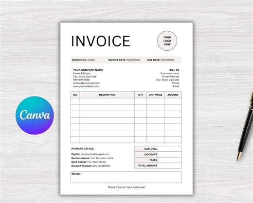 Modèle de facture modifiable pour les petites entreprises, formulaire de facturation et de reçu imprimable, modèle de facture professionnel à télécharger, facture, Canva - Etsy Canada