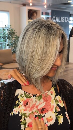 1.9K reactions · 196 shares | Nani has the best grey and blonde hair! And look at that long inverted bob! It's gorgeous! Want to know how Maria does it? Keep watching!殺✨ Don't forget to click the link.tree link in our bio to vote for us for the QVC Beauty Awards! #greyhair #hairchop #beautyawards #greyhairdontcare #hairproductsthatwork #besthairproducts #haircutspecialist #greyhairblending #greyandblonde #easyhairstyles #invertedbob | Calista by Maria McCool | Facebook