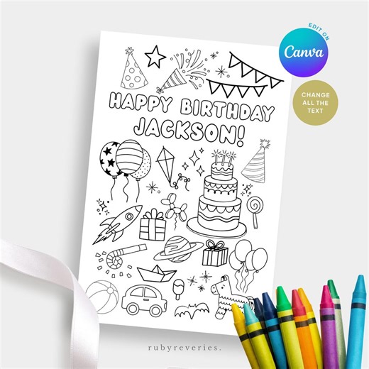 Happy Birthday Coloring Card Printable, Greeting Card for Kids Gift Editable Template (digital Download) - Etsy