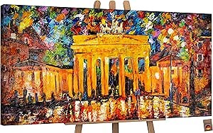 YS-Art Hand-painted cityscape acrylic painting Brandenburg Gate Textured canvas artwork for living room in bright colors 48x24 inch