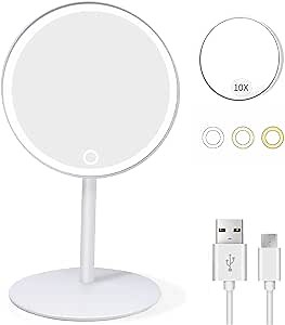 Lighted Makeup Mirror Rechargeable - Led Vanity Mirror with Stand - 1x/10x Magnifying Mirror - Touch Control Dimmable Cosmetic Mirror with 3 Lighting Modes for Makeup - White