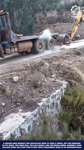 Dramatic Heavy Duty Excavator Fail: Pushing Force Causes Truck Tire to Snap and Roll Downhill