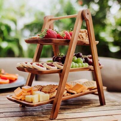 3 Tiered Tray Stand - Acacia Wood Serving Tray - Cupcake Stand | Food Board | Dessert Cake Platters - Set Of 3 Rustic Boards For Party Serving, Buffet, Home Decor, Kitchen Organization, Wedding Decor, Easy Storage | SHEIN