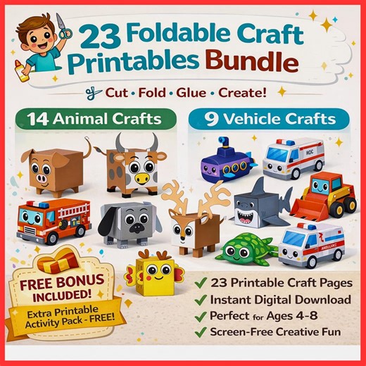 23 Foldable Craft Printables Bundle for Kids, Cut and Glue 3D Animal and Vehicle - Etsy