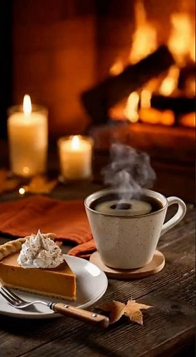 Thanksgiving Coffee & Pumpkin Pie | Cozy Fireplace Ambience Loop with Acoustic Music