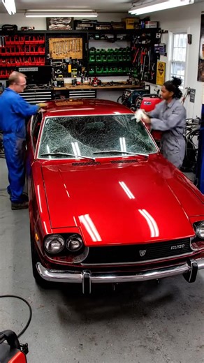 Watch a hyper-realistic, cinematic timelapse capturing the full restoration of a classic Toyota car, filmed inside a home converted into a professional restoration workshop. The video follows the authentic restoration process—from peeling paint, heavy rust, and broken glass to a fully restored classic car with smooth paint, polished details, and clean lines. Skilled workers perform sanding, welding, painting, and final inspection with natural movements, consistent lighting, and a fixed cinematic