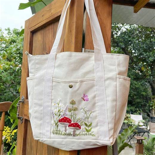 Custom Embroidered Mushroom Canvas Tote Bag, Handmade Embroidered Multi-compartment Bag With Zippered, Pockets, Handmade Gift for Her - Etsy