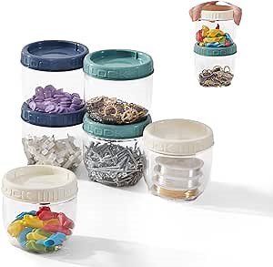 G.CORE Storage Containers with Lids - 6Pack Mix Colored Caps Clear Plastic Bins Jars Stackable Modular Set - Small Parts Organizers for Garage Tool Office Hobby Toy Craft Art Sewing Supplies