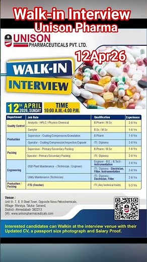 Walk-in Interview I Unison Pharma | 120426 #job #pharma
