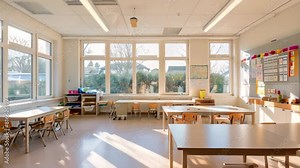 A bright and airy classroom with numerous desks arranged neatly under windows, creating a conducive learning environment, A bright and airy classroom illuminated by natural light