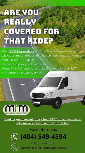 🚐 Not All Coverage Covers What You Do. 💼 Your NEMT business deserves insurance that actually works when it matters. 🧐 Let us double-check your policy — before the ride that costs you everything. #MetroRiskManagement #MRM #NEMTInsurance #AreYouCovered #MedicalTransportCoverage #CommercialAutoInsurance #LiabilityProtection #NEMTRisks #InsureSmart #PassengerSafety #FreePolicyReview | Metro Risk Management Group LLC