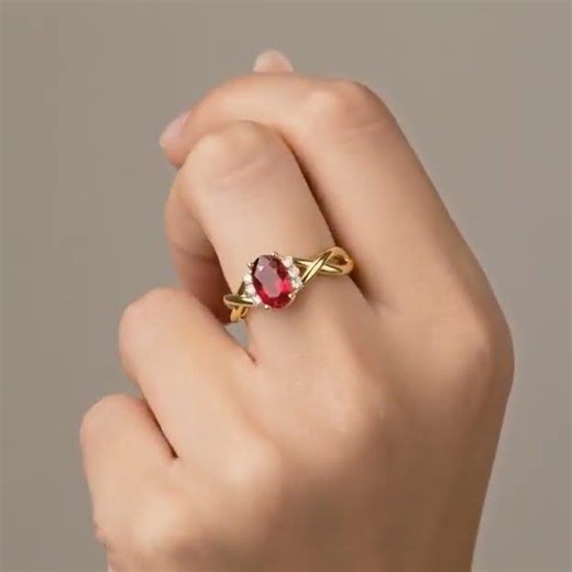 Oval Ruby Engagement Ring 14K Solid Gold Twisted Band Ring Real Gemstone Promise Ring
