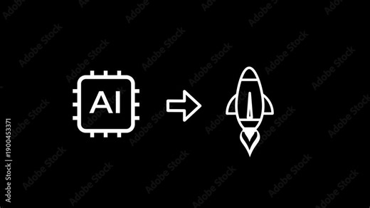 The artificial intelligence icon points toward a rocket ship symbol representing the integration of smart computing systems in aerospace engineering to optimize flight paths and space missions