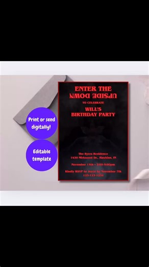 PuddlesAndPetalsInc on Instagram: "Step into the Upside Down and celebrate in eerie style with this Stranger Things-inspired birthday invitation! Featuring a solid black background wrapped in swirling mist, a barely visible Demogorgon emerging through the fog, and the chilling headline “Enter the Upside Down to Celebrate”, this invitation sets the perfect tone for a mysterious, spooky, and totally epic party. Available on Etsy! #strangerthings #strangerthings4 #birthdaypartyideas #invite #kidspa