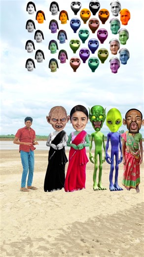 black colour saree and red saree and green alien blue alien and dadi head matching game fanny vfx