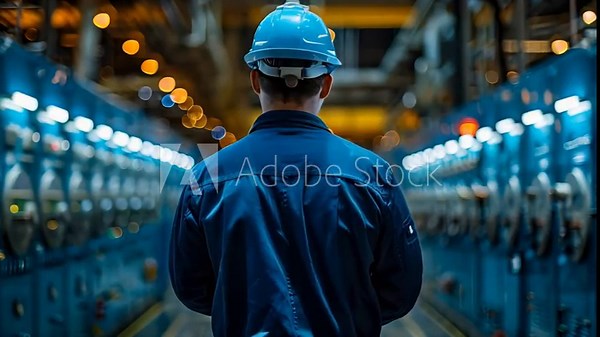 Engineer seen from behind while working at blue central control panel in power plant. Concept Industrial Photography, Control Room, Technology, Engineer at Work, Power Plant Operations