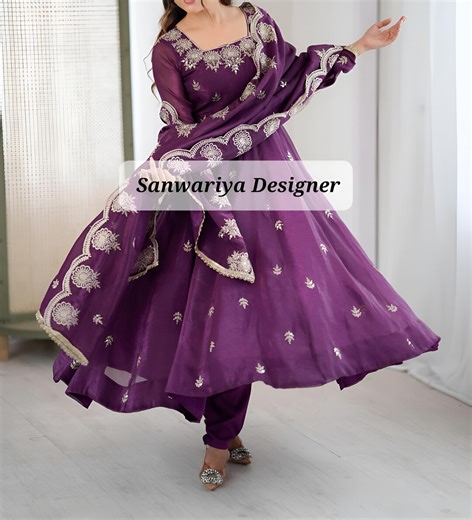 Purple Silk Dress Anarkali Suit: Indian Kurta Set With Dupatta Embroidered Gown Wedding Partywear - Etsy