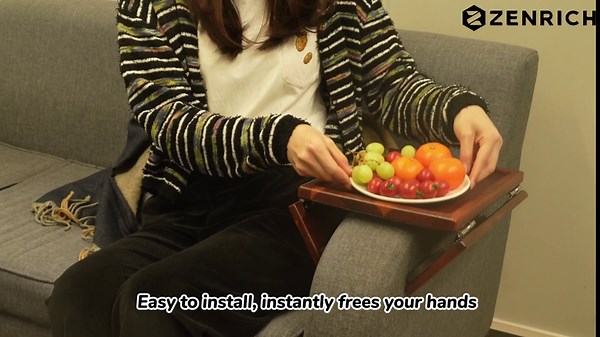 ZenRich Foldable Walnut Sofa Arm Tray Table – Clip-On Wood Couch Armrest Tray with Double Hinges for Couch, Sofa & Chair, Snack Table for Snack, Food, Drinks, Phone, Remote