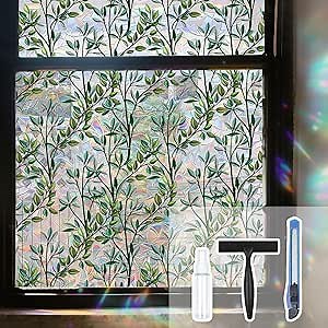 Green Leaves Rainbow Window Clings Decals - 35.4"*78.5" Large Summer Window Privacy Film Decor - Removable Static Cling for Glass Windows