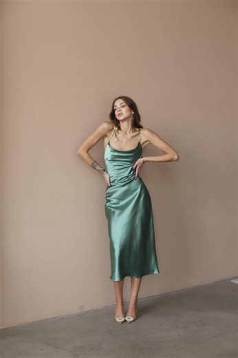 Silk Satin Midi Dress - Green, Cowl Neck With Open Lace-up Back - Etsy