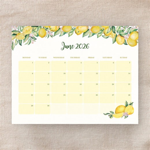 June 2026 Calendar Printable | Lemon Garden Minimal Monthly Planner | Aesthetic Summer Calendar | A4 US Letter Monday Sunday Start - Etsy
