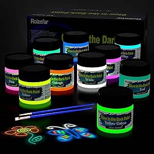 Roizefar Glow in the Dark Paint, 10 Colors Acrylic Textile Fabric Paint (30 ml/1 oz), Neon Craft Paint for T-Shirt, Canvas, Art Supplies and DIY
