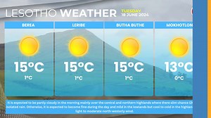 2.2K views · 20 reactions | WEATHER FORECAST ☀ ⌚ TUESDAY 18 JUNE 2024 It is expected to be partly cloudy in the morning mainly over the central and northern highlands where there slim chance (20%) of isolated rain. Otherwise, it is expected to become fine during the day and mild in the lowlands but cool to cold in the highlands with light to moderate north-westerly wind. #thereporterls #lesothoweather #visitlesotho #lesmet | The Reporter - Lesotho | Facebook