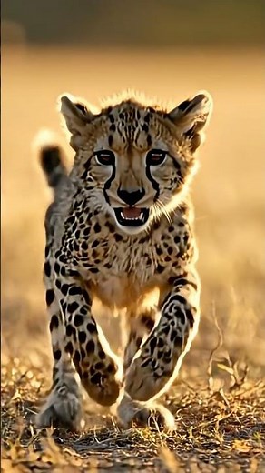 Adorable Cheetah Cub Running in a Grassy Field