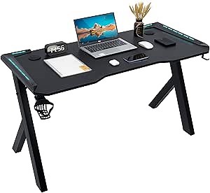 Amazon.com: Windpost 47 in Gaming Desk with LED Lights, Ergonomic Gaming Table with Carbon Fibre Surface, Sturdy R Shaped PC Workstation Desk for Gaming and Home Office with Headphone Hook, Cup Holder : Home & Kitchen