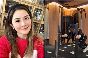 Singer Charlene Choi forces herself to do sled pushes in the gym to keep fit