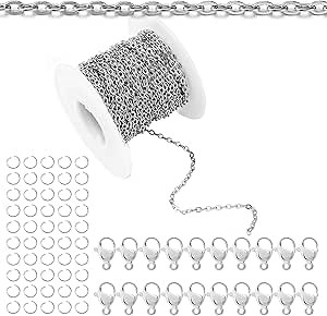 33Feet Stainless Steel Necklace Chains Cable Link Chains for Jewelry Making DIY Craft Kit with Lobster Clasps Jump Rings