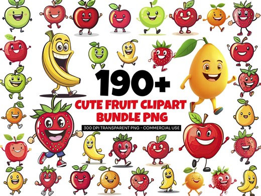 Cute Fruit Clipart Bundle PNG, Cute Cartoon Fruits, Kawaii Fruit PNG, Smiling Apple Banana Orange Strawberry, Adorable Fruit Characters - Etsy
