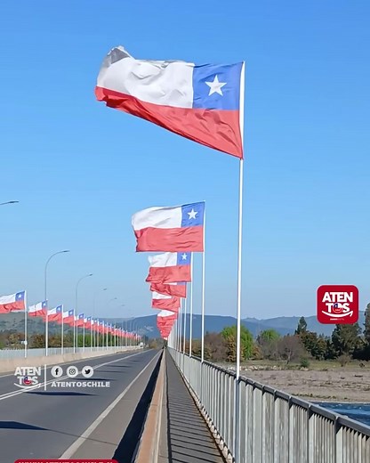 🔴 Las banderas de nuestro Chile querido flamean con orgullo en el puente de La Huerta, sobre el Río Mataquito, en la región del Maule. 🇨🇱 Un símbolo de unidad y fortaleza que nos recuerda la belleza y la identidad de nuestro país en cada rincón. ¡Viva Chile! | Atentos Chile