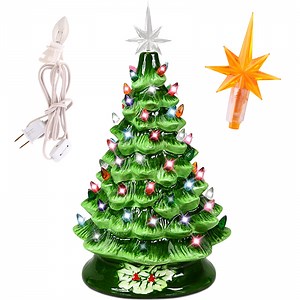 SUGIFT 15'' Pre-Lit Tabletop Ceramic Christmas Tree with 66 Multi Color Lights and 2 Star Toppers, Green